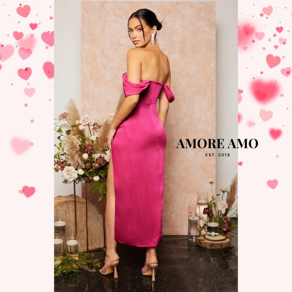 ❤️ Flora ❤️ Dress - Hug Hip Shell Pink Rose Flushed Ruched Satin Off Shoulder - Picture 2 of 10